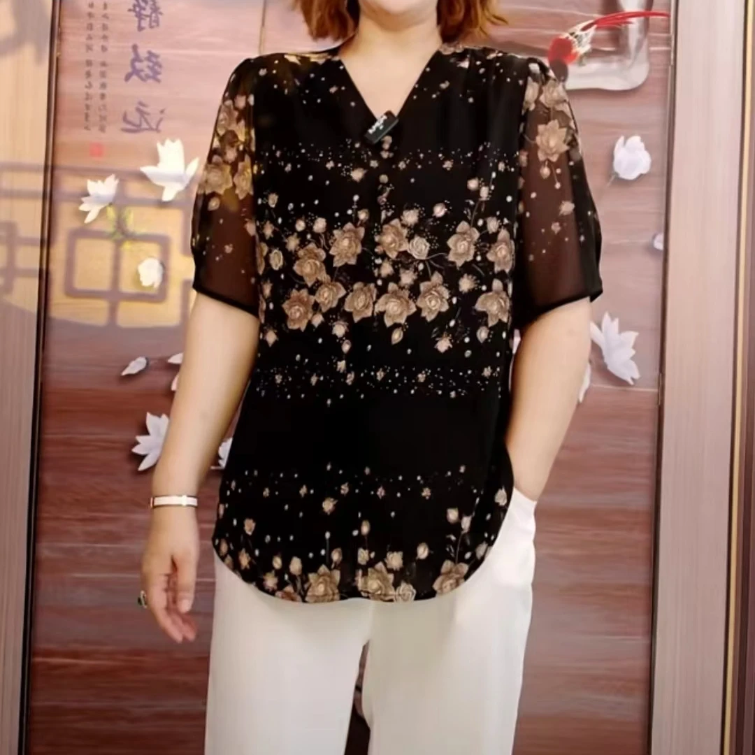 5560短袖高端大码女装遮肚显瘦上衣2025夏季流光风双皱琉璃丝v领