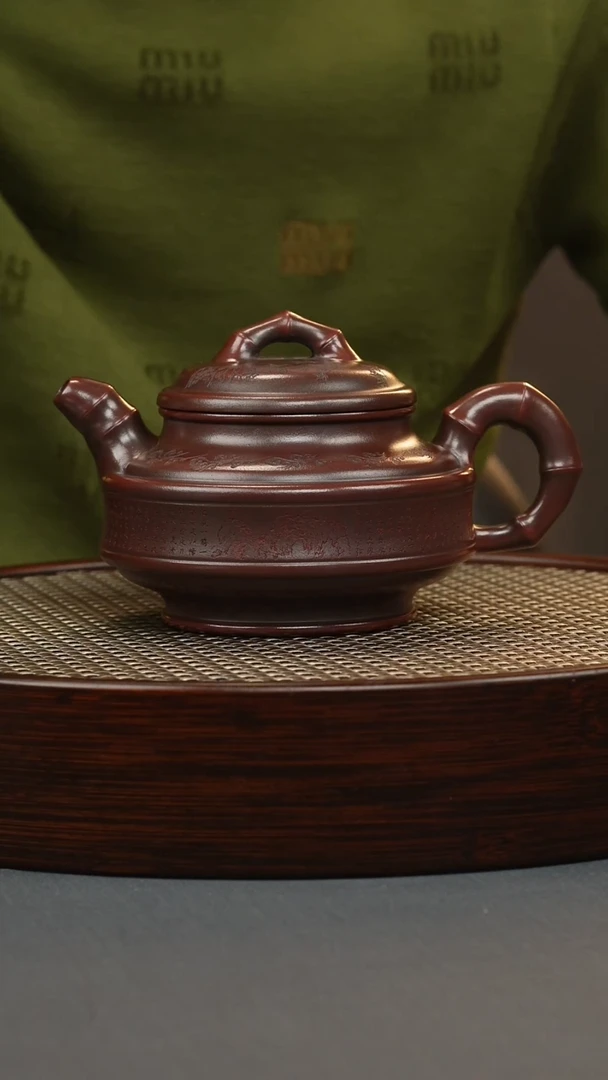【闪购商品】紫砂茶壶古红泥 双线竹鼓 刻绘