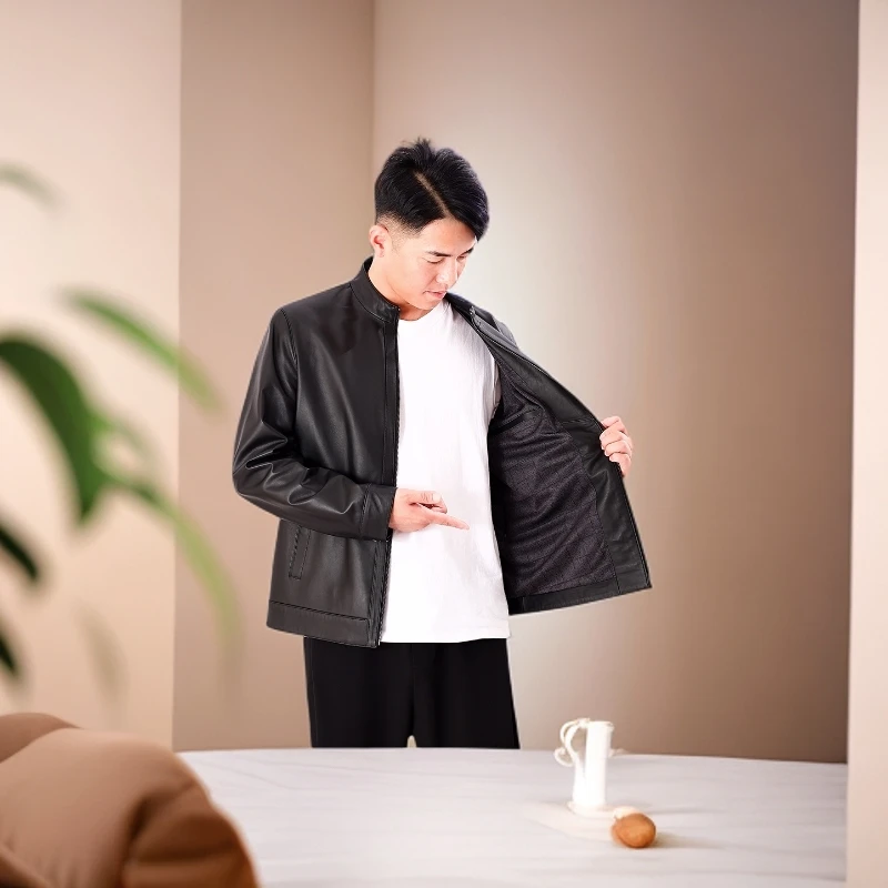 2025头层绵羊皮男士立领高端皮衣外套休闲百搭时尚简约黑色男款