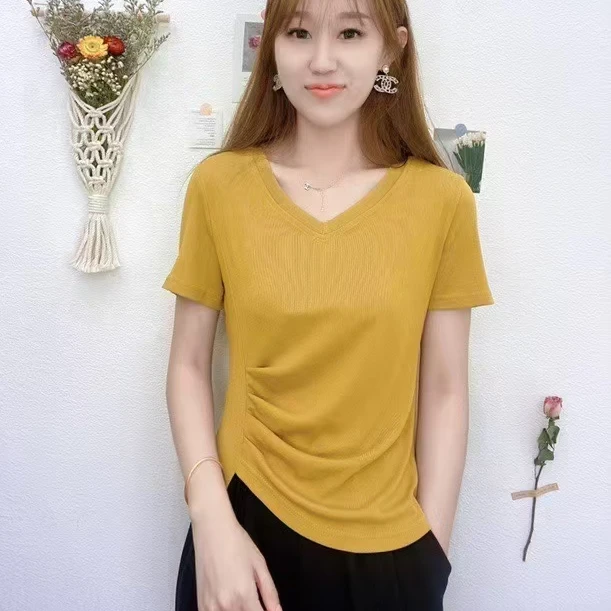 【运费补贴】夏季新款V领短袖T恤不规则洋气遮肉女士百搭小众小衫