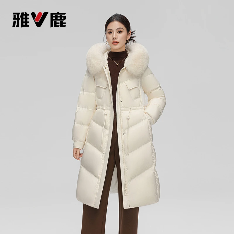 V/雅鹿长款时尚可拆毛领斗篷羽绒外套大毛领时尚冬季女款修身显瘦