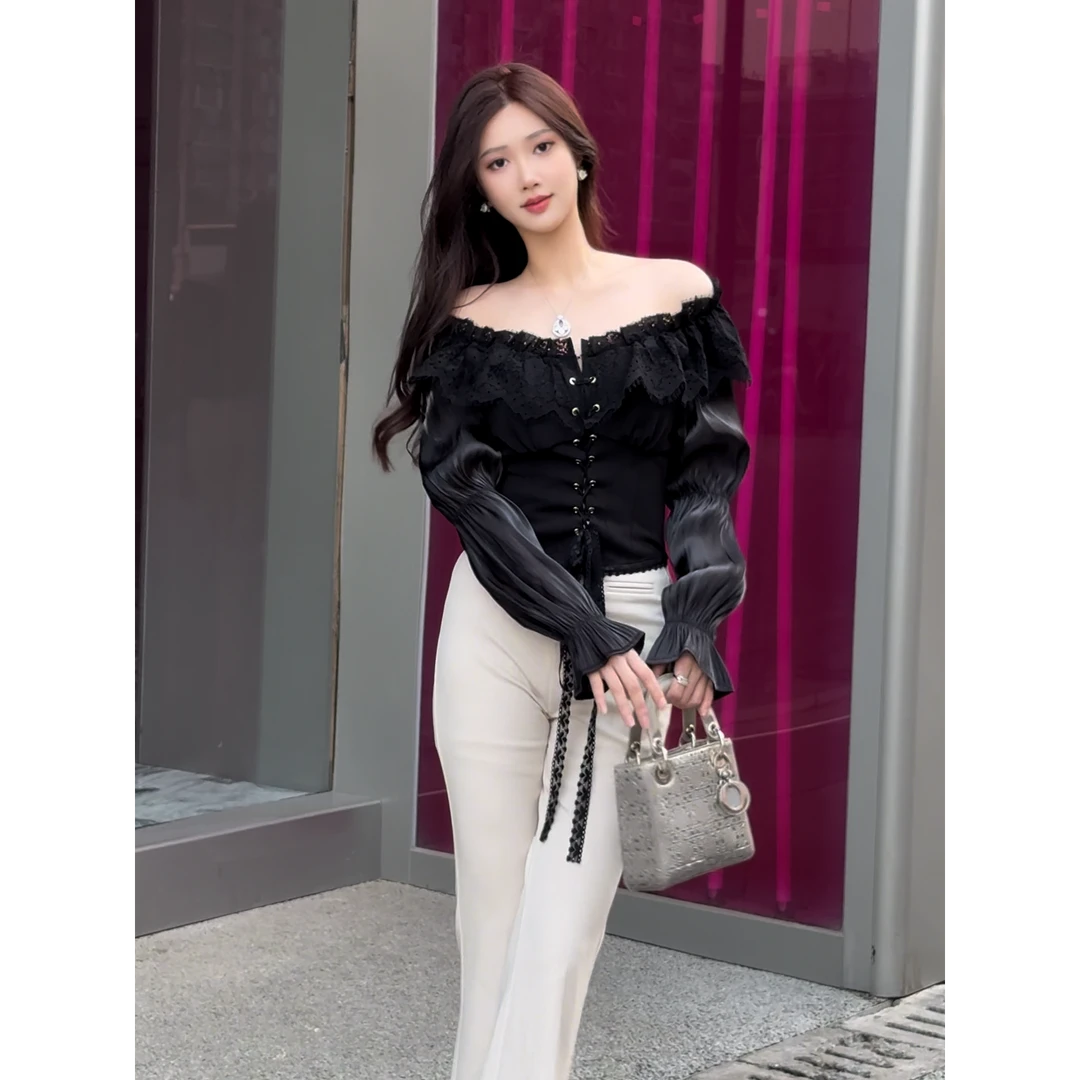 【梁千万】新款法式复古灯笼袖一字肩收腰衬衫上衣-YL40046