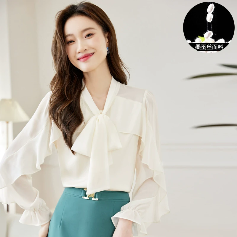 法式蝴蝶结飘带真丝衬衫2025春季新款女装飘逸显瘦桑蚕丝气质小衫