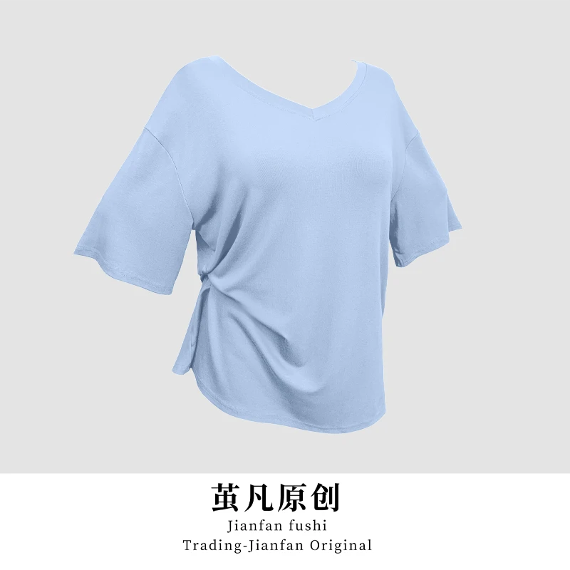 【慵懒风】微胖mm宽松遮臀显瘦上衣夏季短袖V领纯色百搭休闲中长款