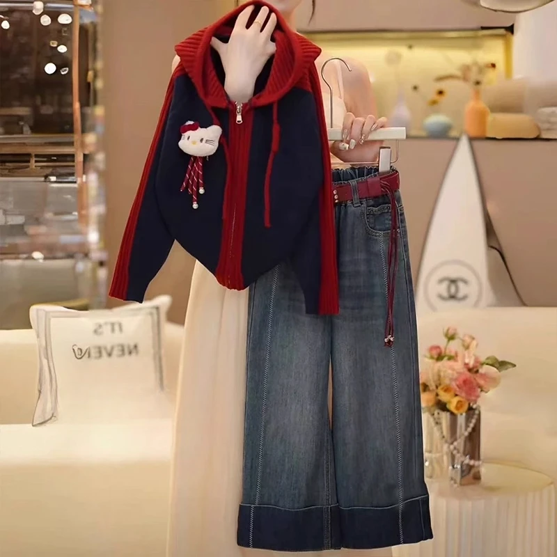 女童卡通连帽拼色针织衫牛仔裤套装2025新款春秋款毛衣外套阔腿裤