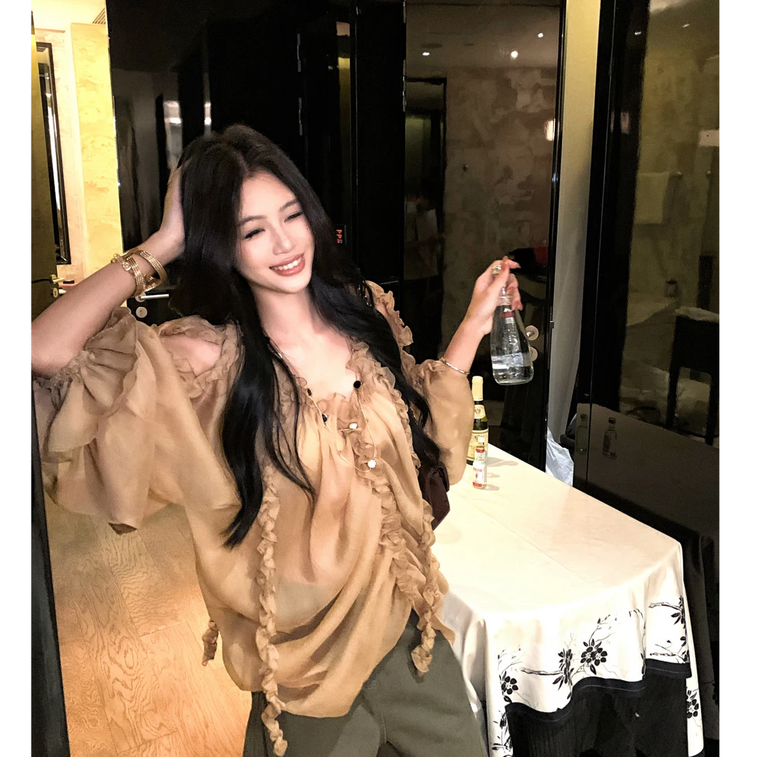 香氛设计感木耳边抽褶V领长袖衬衫女慵懒宽松显瘦上衣