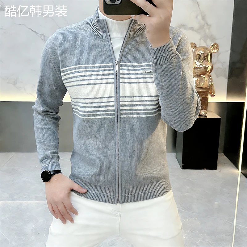 轻奢欧货男装秋冬新款潮牌针织开衫外套男修身时尚拼色毛衣潮8869