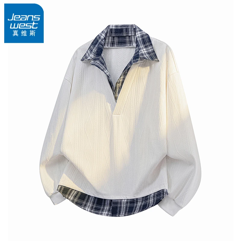 真维斯肌理感提花假两件衬衫男士秋季新款宽松潮流时尚翻领衬衣男