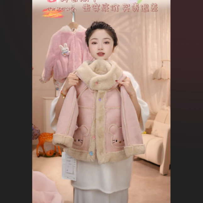 MOMOCO25冬季女童甜美洋气可爱猫咪皮毛一体加厚外套