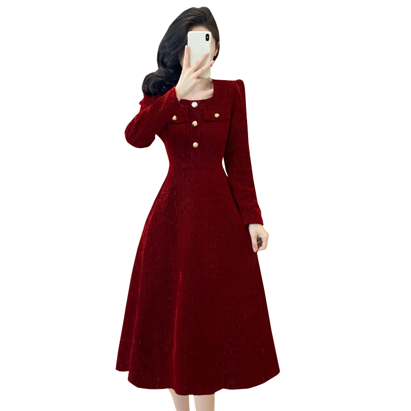 有口袋新款雪尼尔新战袍甜酷辣红色连衣裙秋冬大码小香风新中式