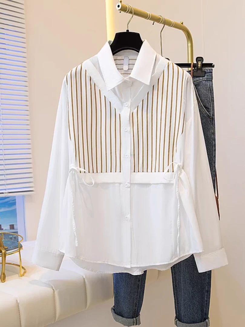 F13盛优名品-条纹拼接衬衫女抽绳收腰显瘦时尚女装孤品