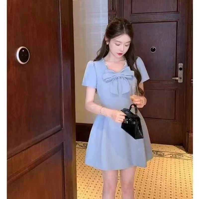 2025夏新款miu系千金风蝴蝶结赫本风小黑裙A字裙子D2259