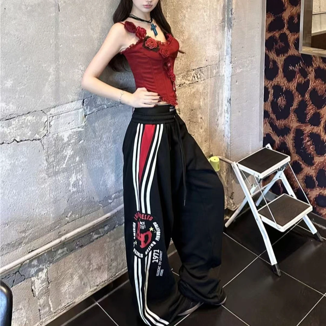 美式复古双腰头抽绳卫裤女夏季宽松百搭阔腿休闲长裤