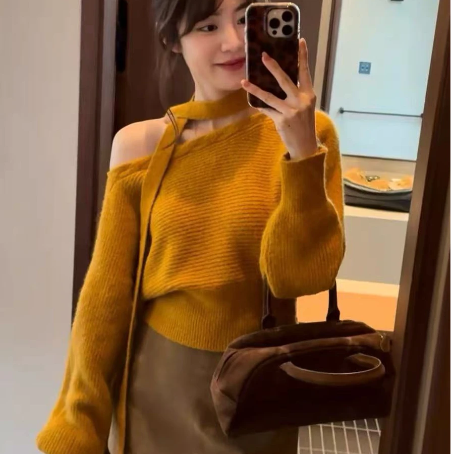 法式温柔风一字领斜肩飘带针织衫女秋冬慵懒宽松收腰保暖百搭毛衣