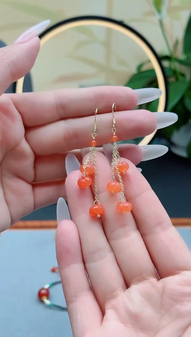 翡翠银S925镶嵌耳饰00南瓜红色小小小