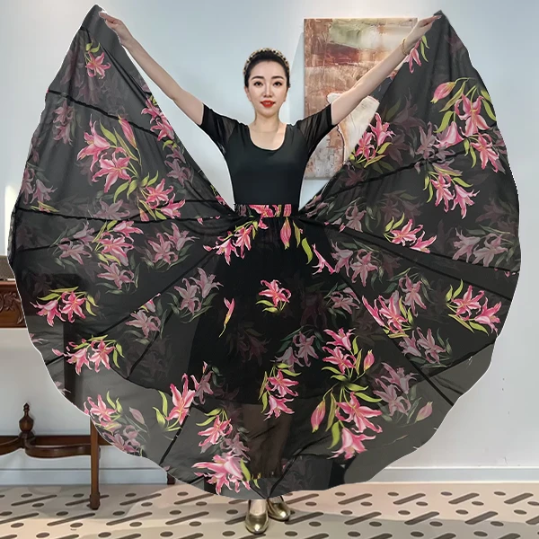 A《合百幽然》密织雪纺满铺花全松紧腰大摆半身裙带衬裙