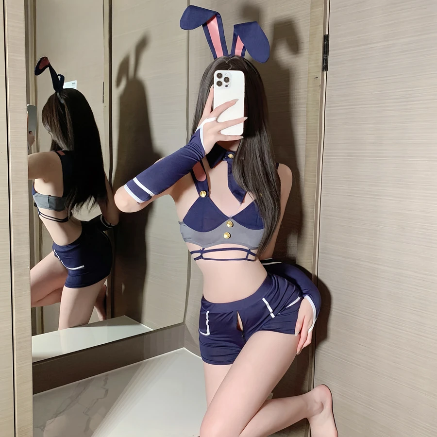 蓝色纯欲性感约会战袍午夜套装制服诱惑