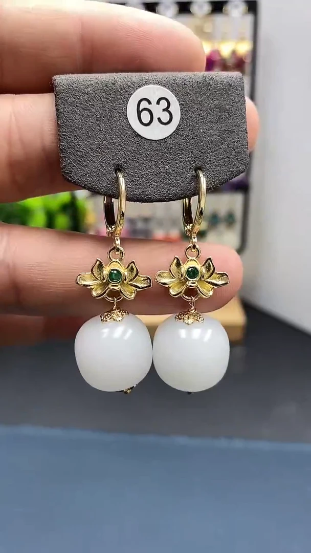 【闪购商品】和田玉耳饰银S925镀金镶嵌尺寸16mm耳扣桶珠