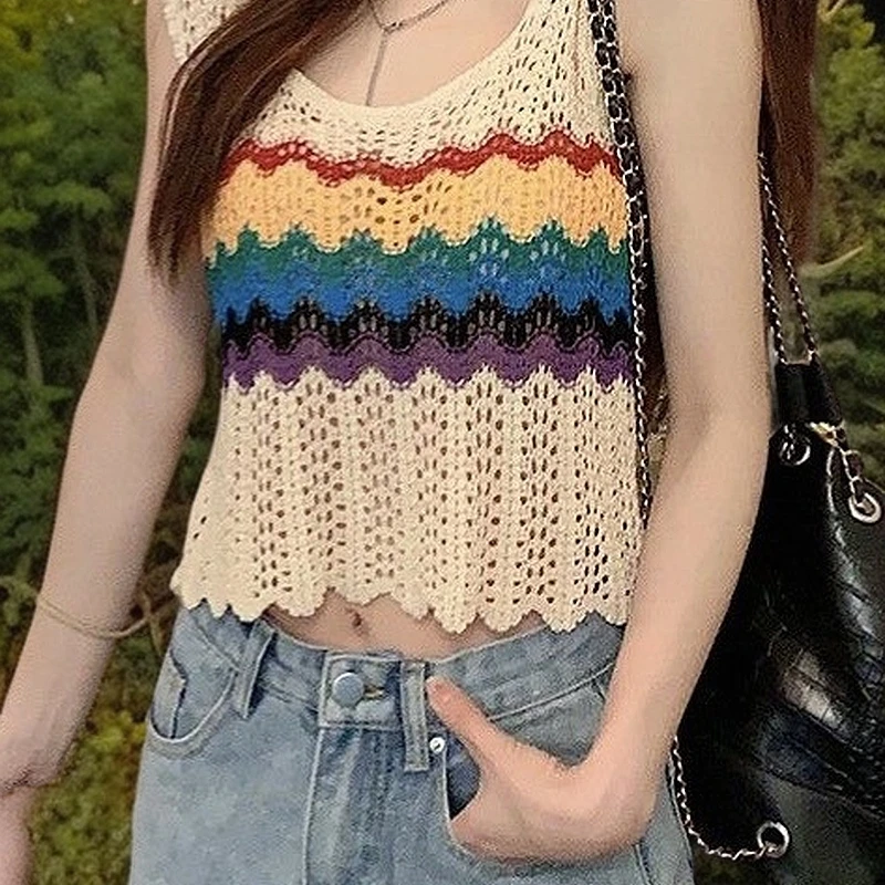 彩虹条纹薄款镂空针织衫女T恤2025新款洋气减龄显瘦上衣女潮