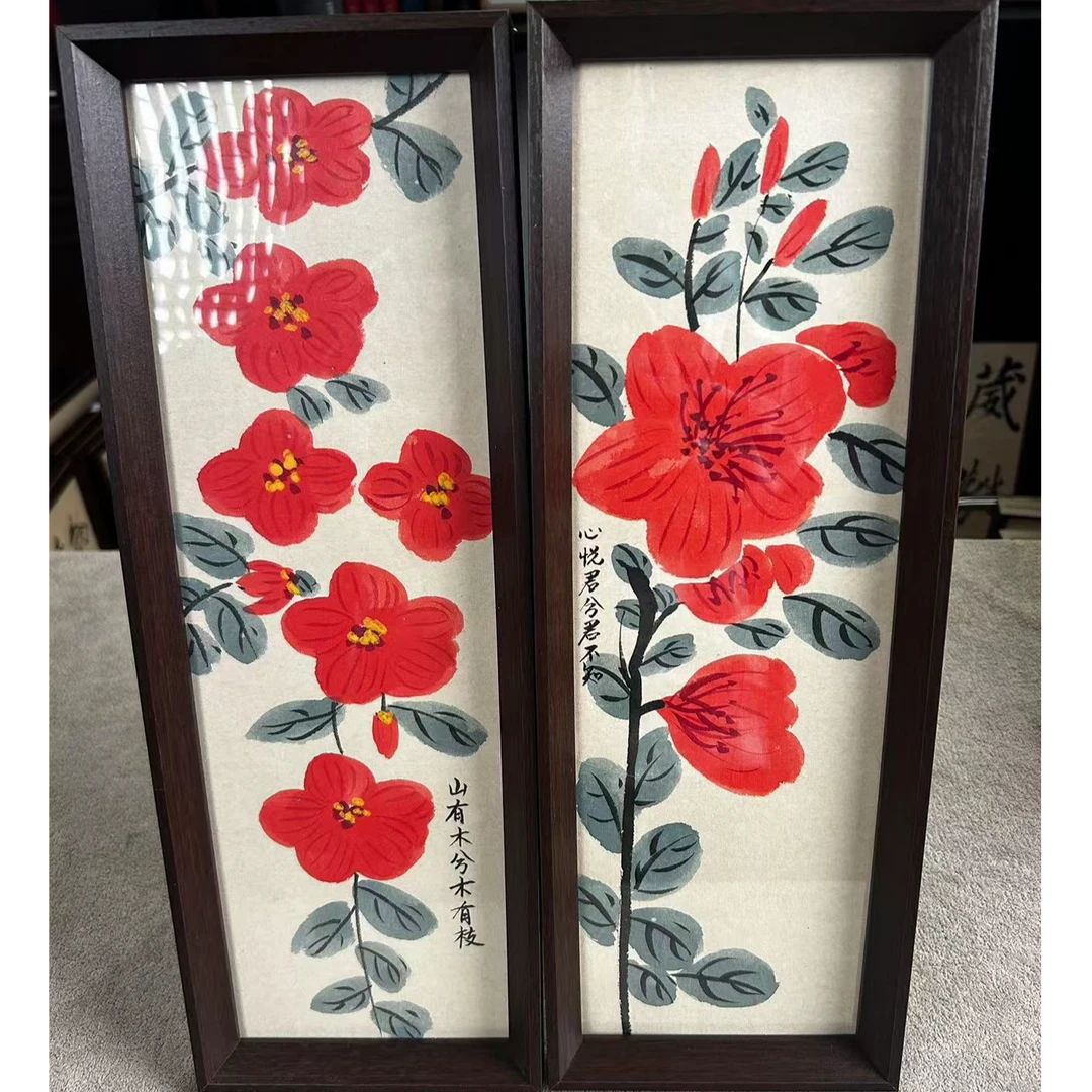 西泠文创老师不落名国画作品-带框-13*40山茶花一对