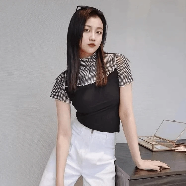 哥弟 木耳边半高领拼接短袖T恤1300643