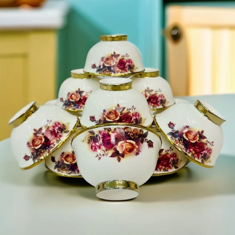 新疆包邮【紫色玫瑰10小碗】金边色茶碗 陶瓷材质家用茶碗家用饭碗