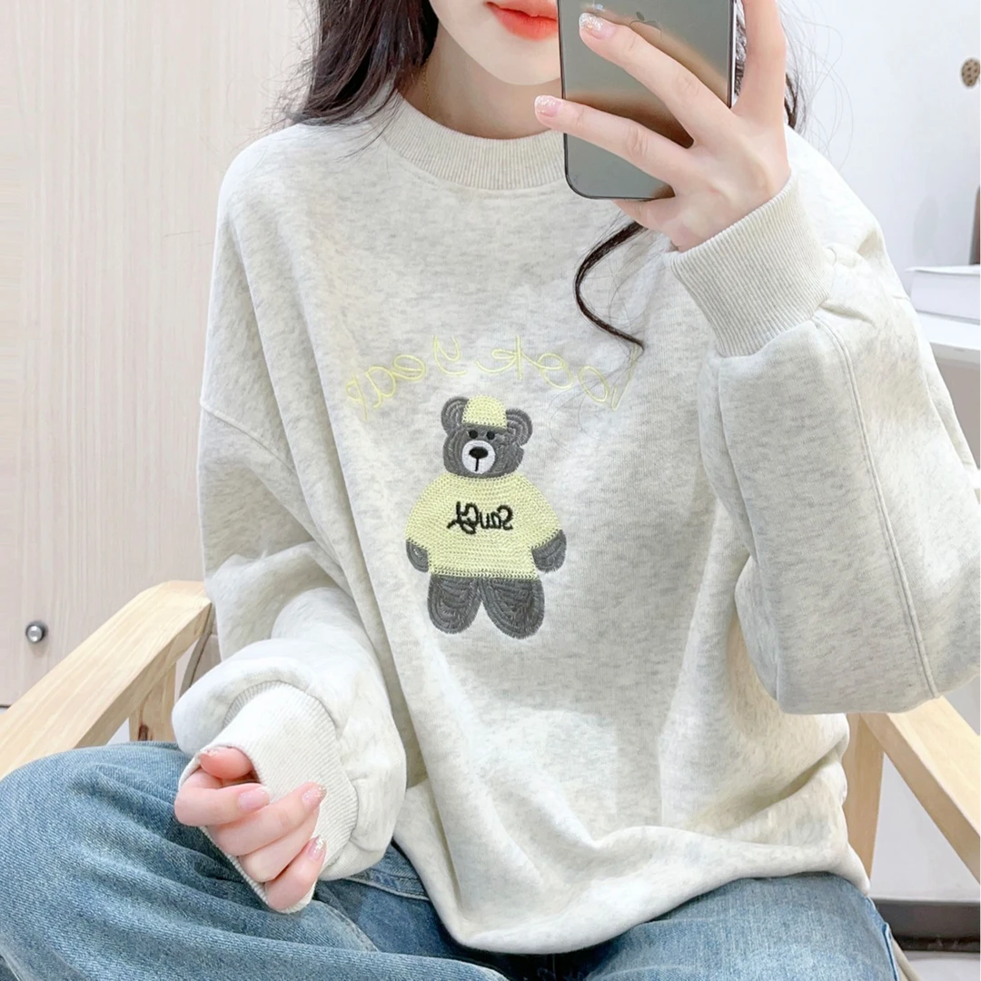 休闲松弛感卫衣女秋冬高级感穿搭减龄刺绣圆领宽松套头灰色上衣潮