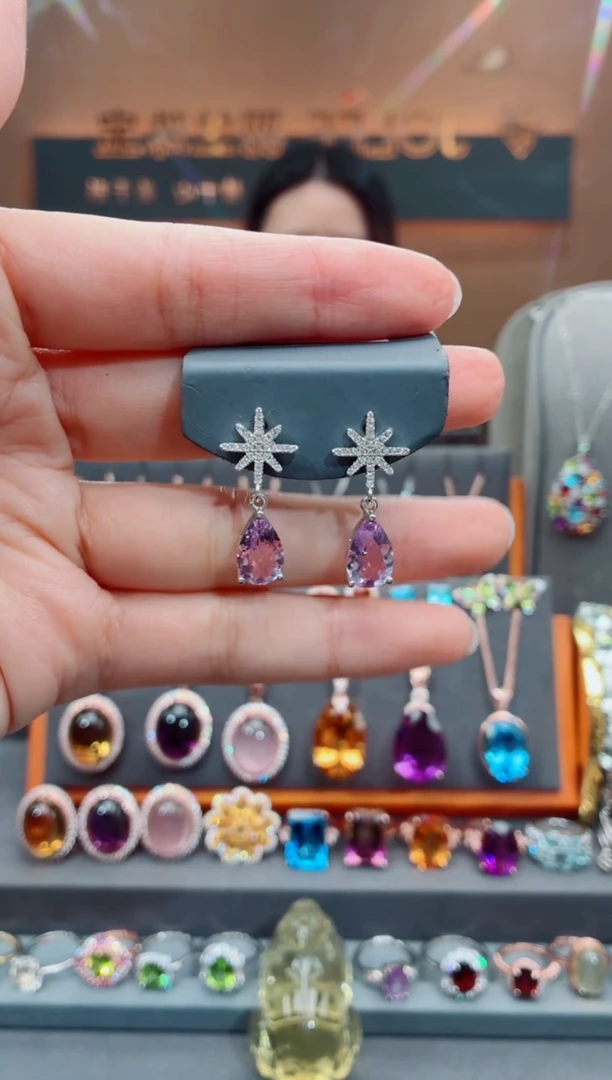 银S925镶嵌耳饰紫晶紫晶耳饰