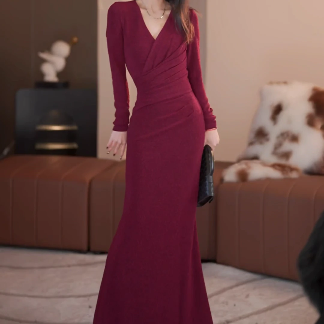 【静铉】邂逅冬季新款法式气质高级显瘦鱼尾连衣裙-YL30042