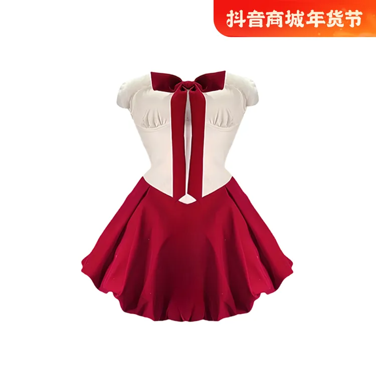 蝴蝶结短裙穿搭红白撞色秋冬新款短裙丝绒抹胸连衣裙圣诞拍照衣服