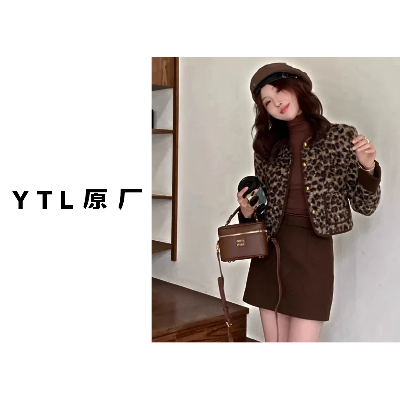 韩版复古气质时尚2025年秋冬新款加厚夹棉小香风豹纹短款外套