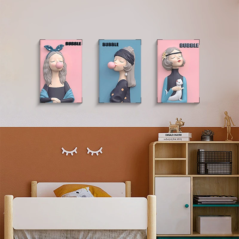 创意轻奢客厅儿童房三联背景墙装饰画卧室墙壁挂画泡泡女孩4060