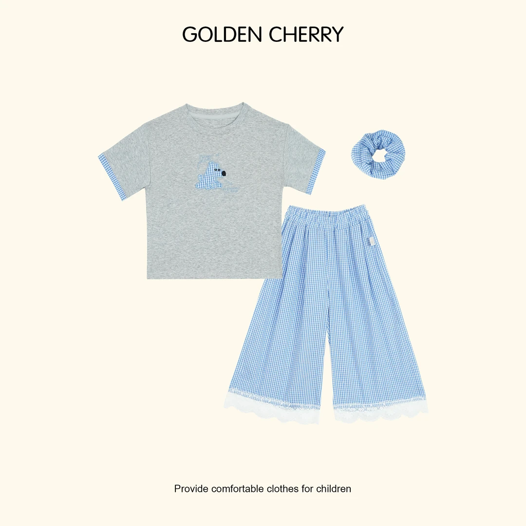 【金樱桃Golden cherry】小童灰色蓝格子and发圈套装QDD656