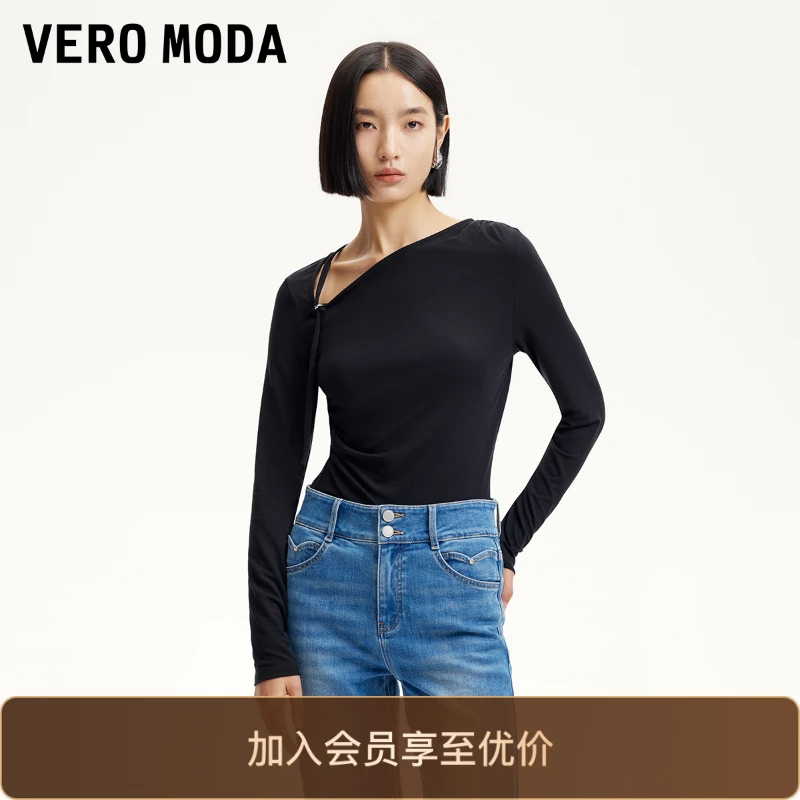 Vero Moda商场同款新品T恤斜肩可调节系带收腰褶皱洋气衣服女贵气