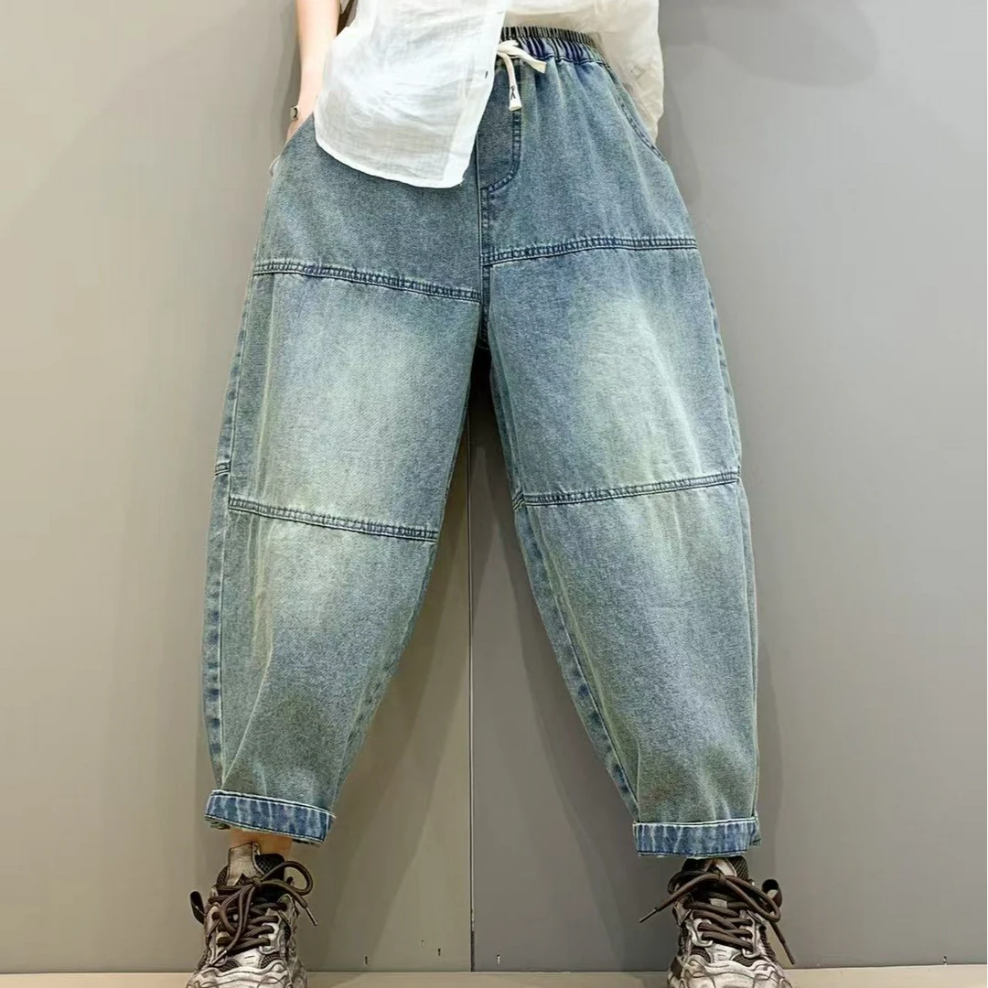青禾-复古文艺百搭休闲九分春季新款磨白水洗抽绳牛仔裤QCS2