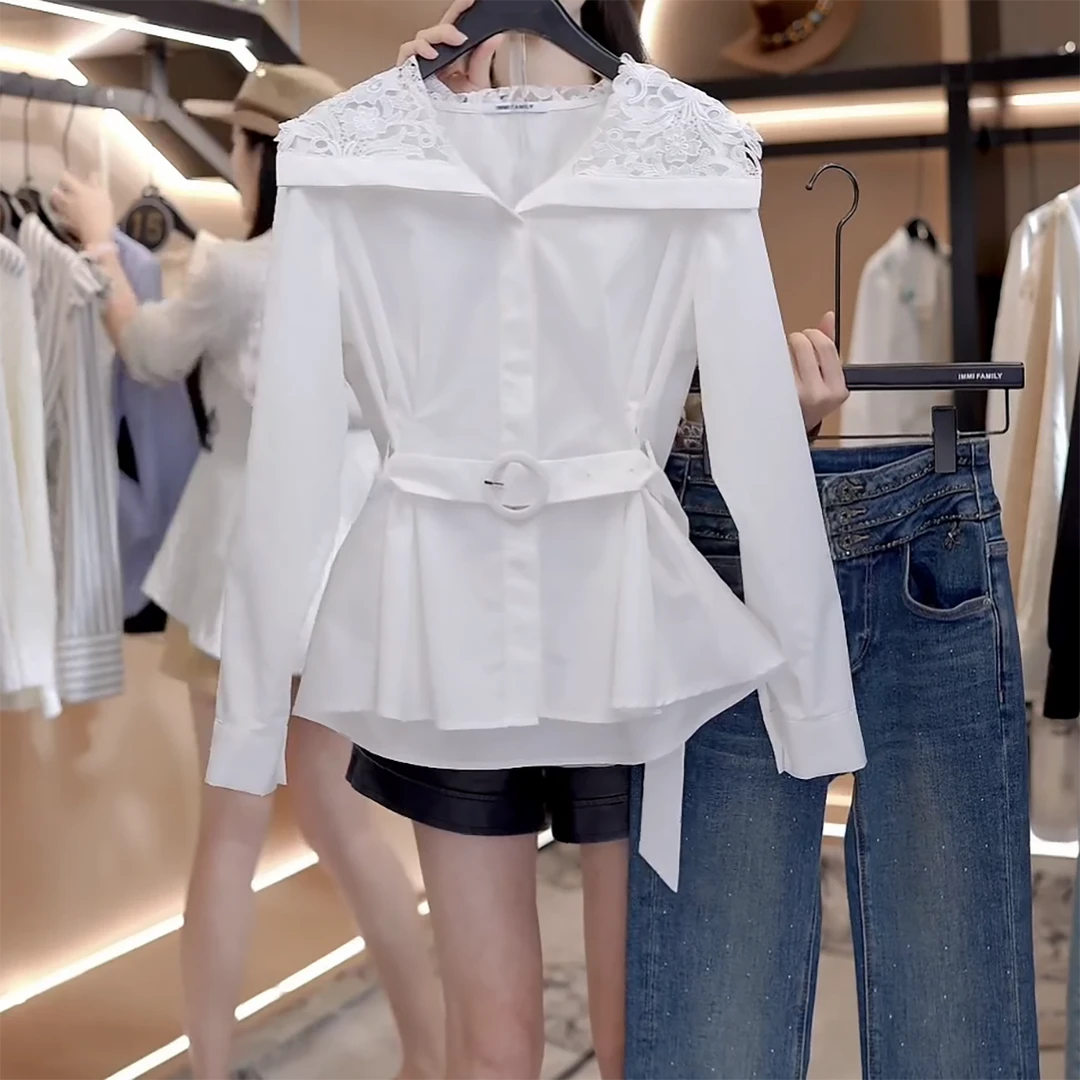 “织网旧梦”韩系轻职风V领披肩拼接长袖衬衫时尚别致上衣C6240