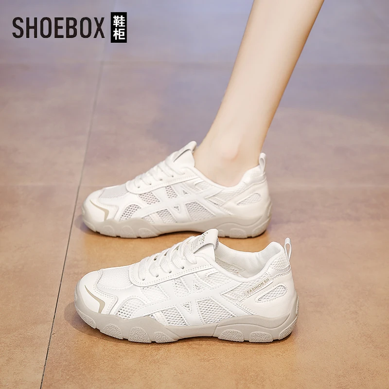 SHOEBOX鞋柜复古软底网面德训鞋女2025夏季新款镂空透气休闲鞋