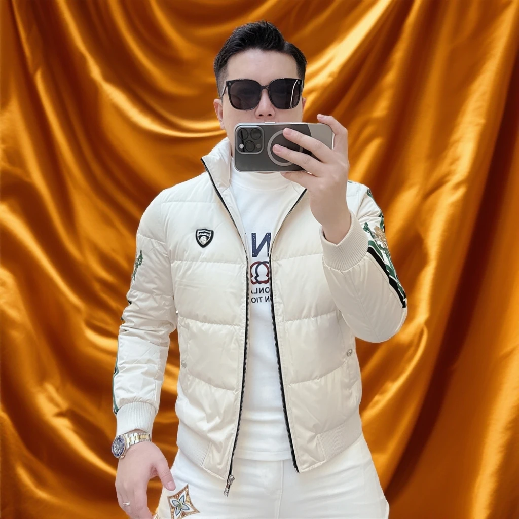 维斯克纳男士羽绒服冬季新款时尚重工刺绣修身帅气立领白鸭绒外套