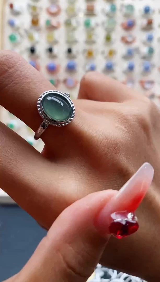 【闪购商品】翡翠戒指银S925镶嵌缅甸天然A货翡翠222 6+10