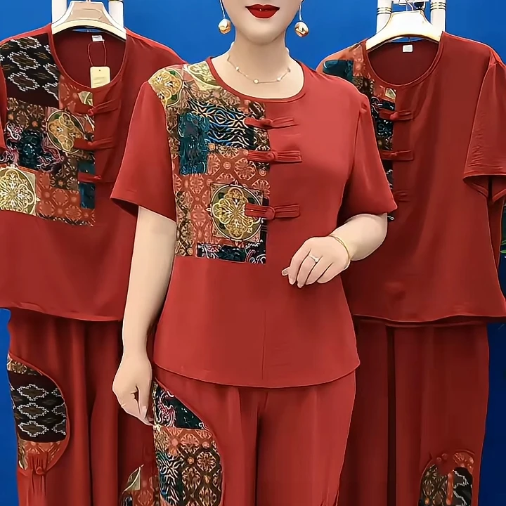 时尚中年妈妈潮流薄款夏装2025新款洋气休闲国风盘扣宽松圆领套装