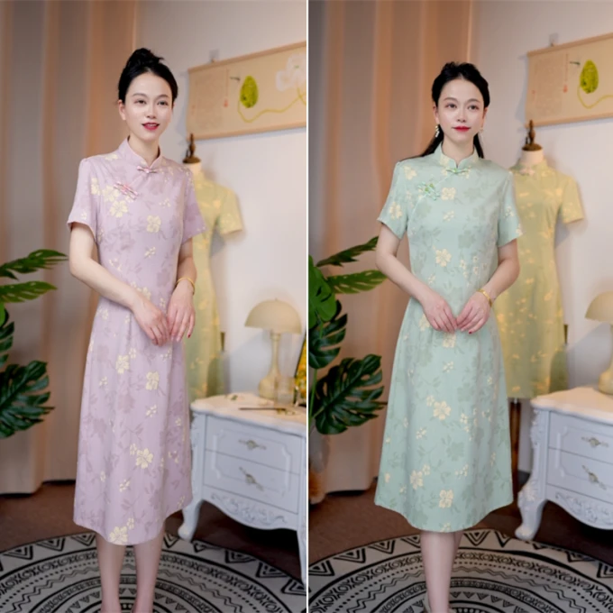 2025夏季中长款短袖复古旗袍中式提花显瘦送考不开叉连衣裙 知夏