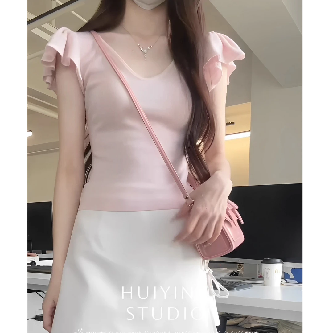 法式甜辣风粉色小飞袖上衣女2025年夏季新款设计感小众短袖T恤衫