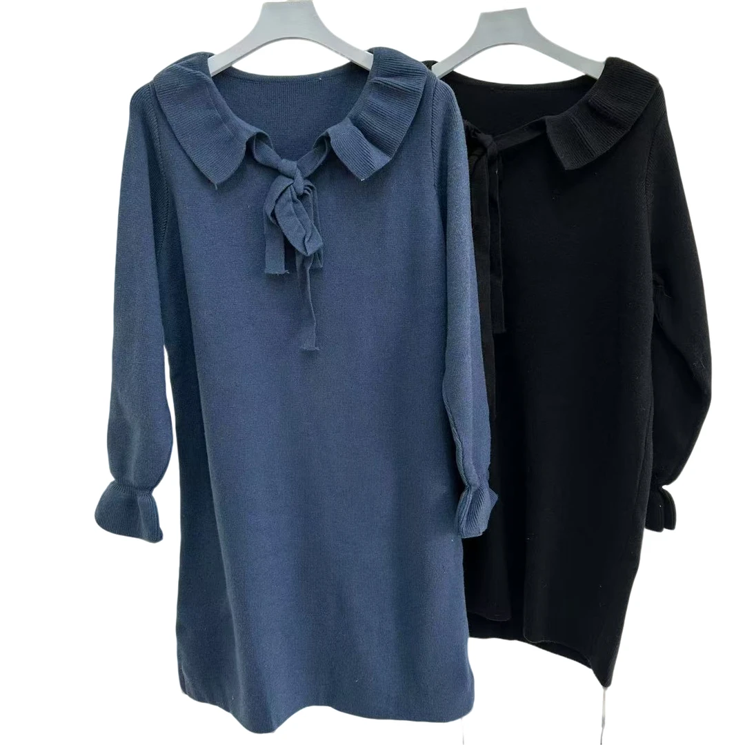 171娃娃领长袖连衣裙春中长款宽松针织毛衣裙