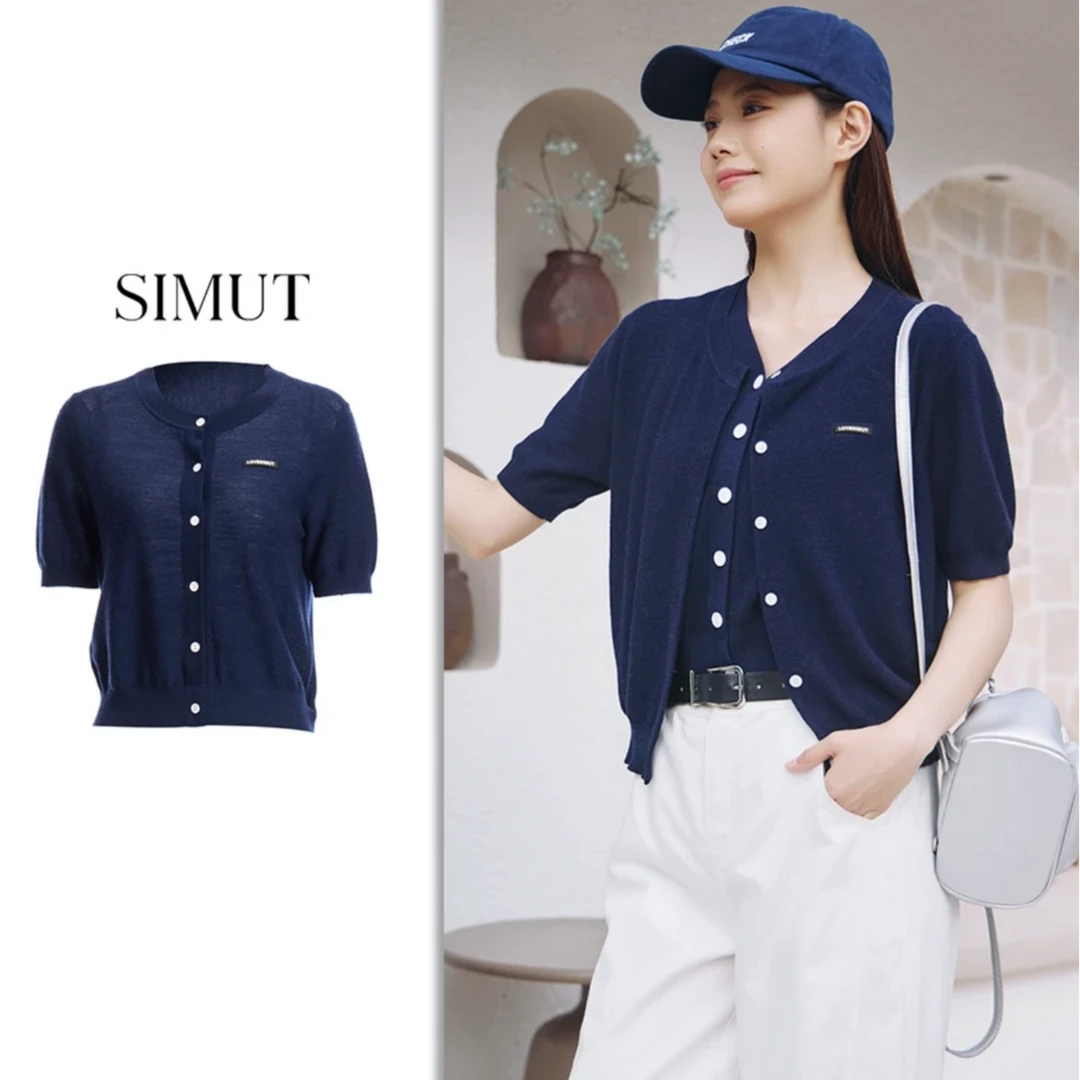SIMUT思慕缇2025春季新款V领单排扣纯色针织衫短袖小衫SM378513