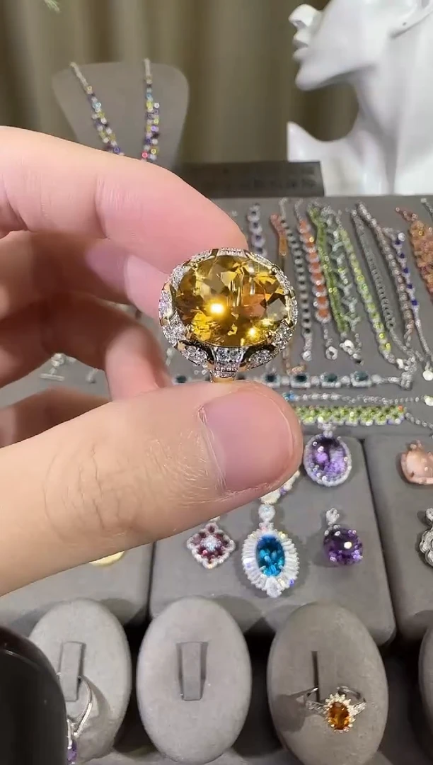 银S925镶嵌戒指黄晶14*12mm戒指高级款