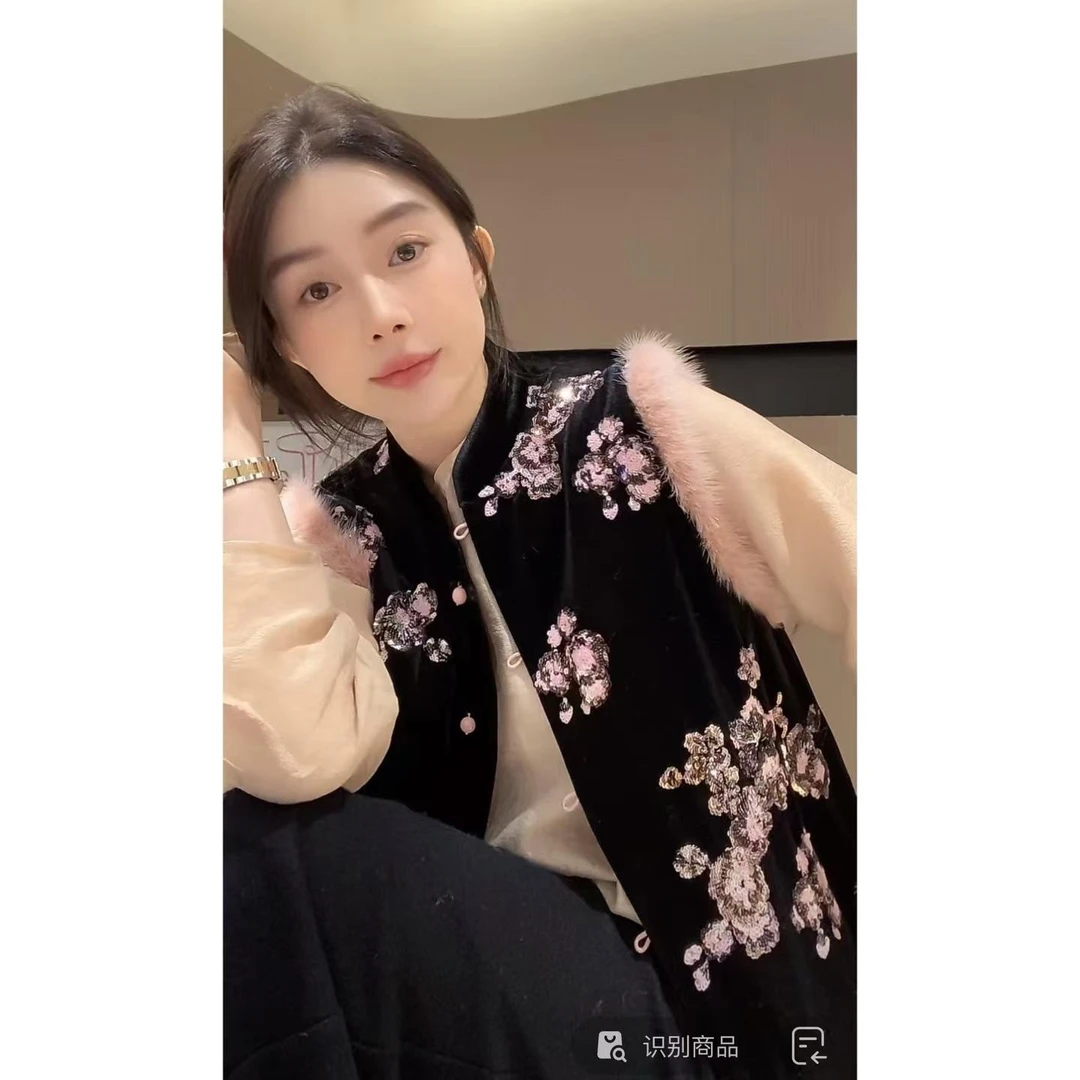 ZHUIMU.【华袂雅韵】新中式国风亮片刺绣水貂毛棉马甲马夹ZM1023