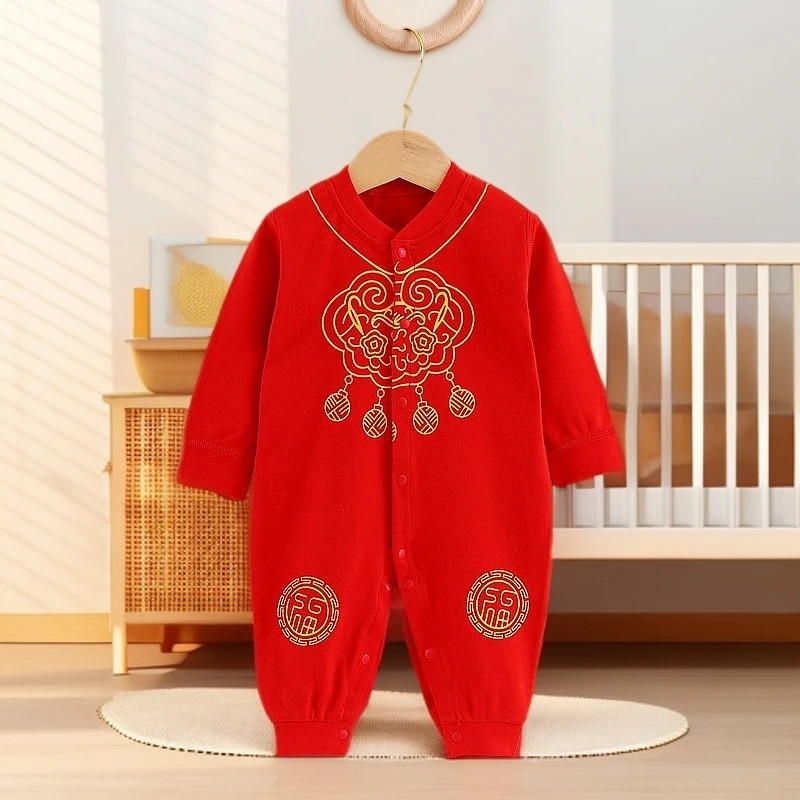 新生儿连体衣宝宝衣服春秋薄款红色中国风满月百天宝宝拍照服装