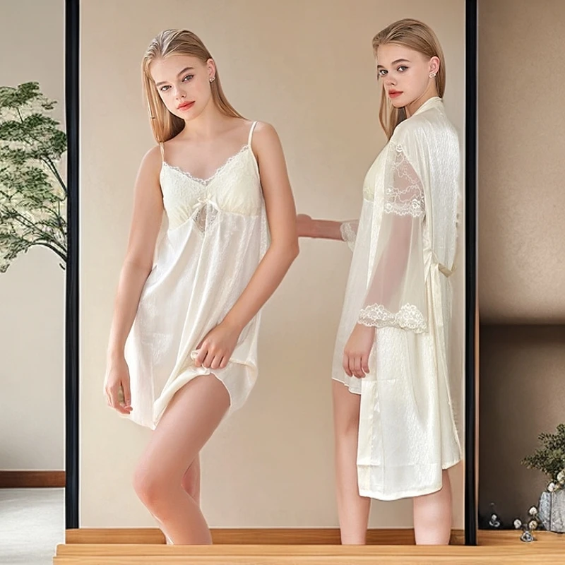 avua法式性感V领镂空蕾丝睡裙女花边吊带轻奢宫廷风带胸垫两件套