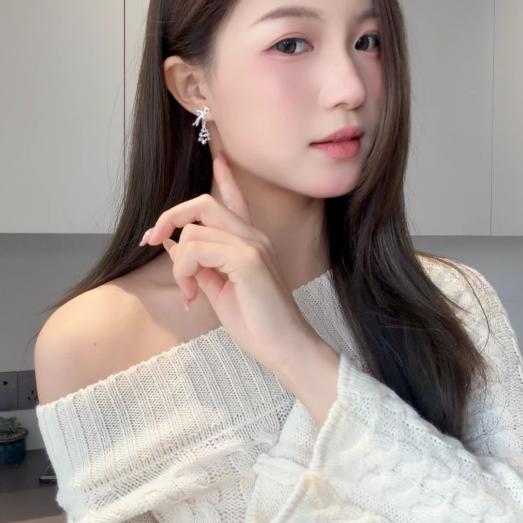 合金锆石耳饰 甜美百搭圣诞节不对称蝴蝶结圣诞树铃铛吊坠耳钉