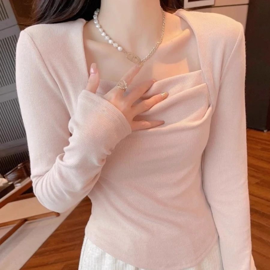 纯欲方领褶皱锁骨修身打底衫上衣女秋冬小众设计感内搭长袖T恤潮